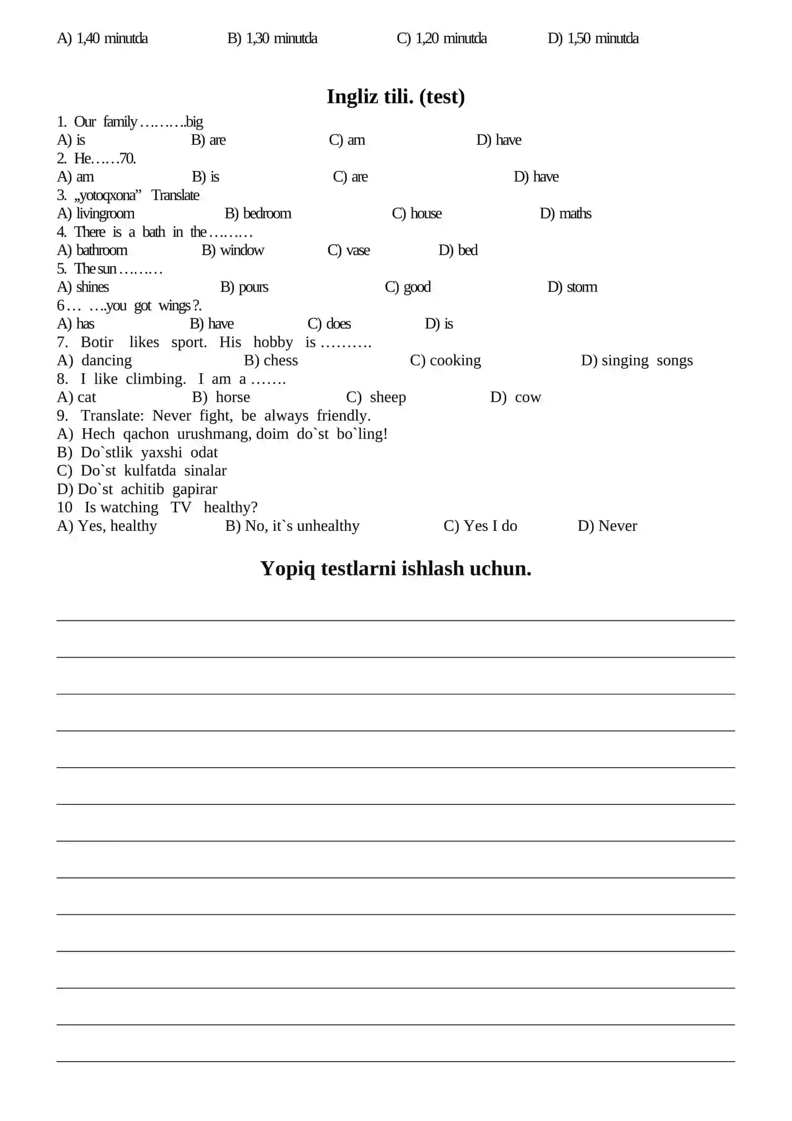 Ona tili va o`qish savodxonligi. (test) 2