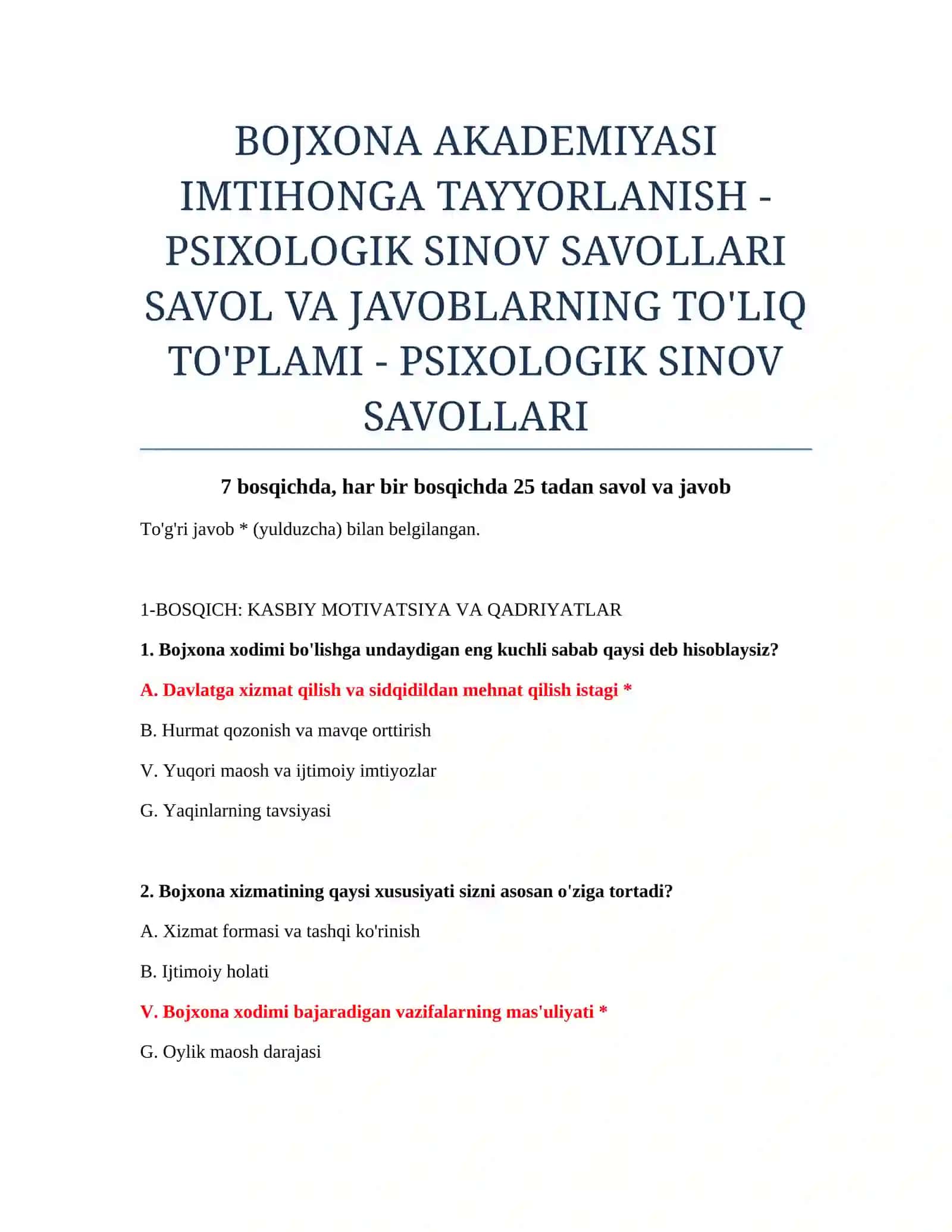 BOJXONA AKADEMIYASI IMTIHONGA TAYYORLANISH - PSIXOLOGIK SINOV SAVOLLARI 2