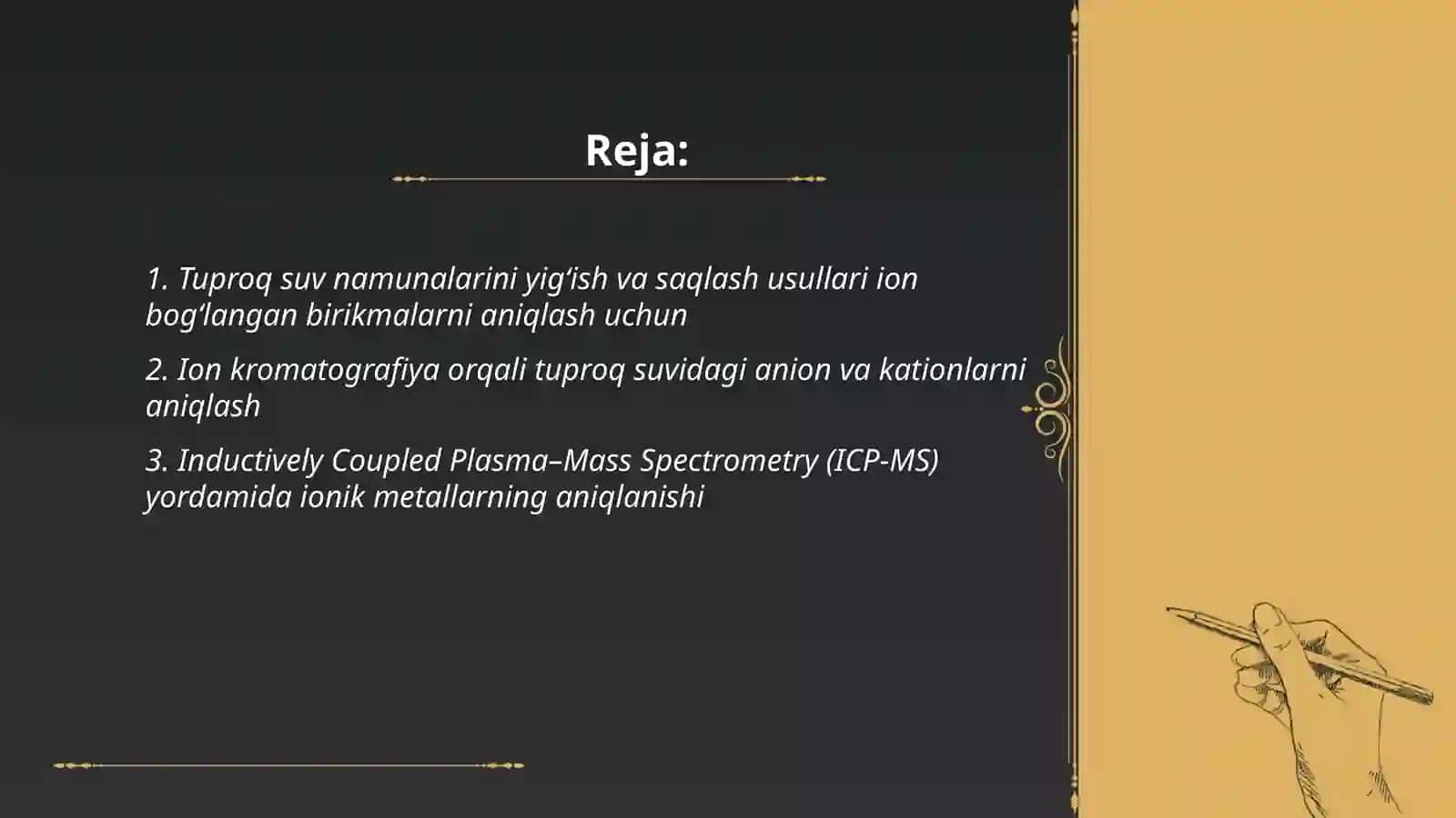 Tuproq suvining ifloslanishida ion boglanishli birikmalarni aniqlash 2