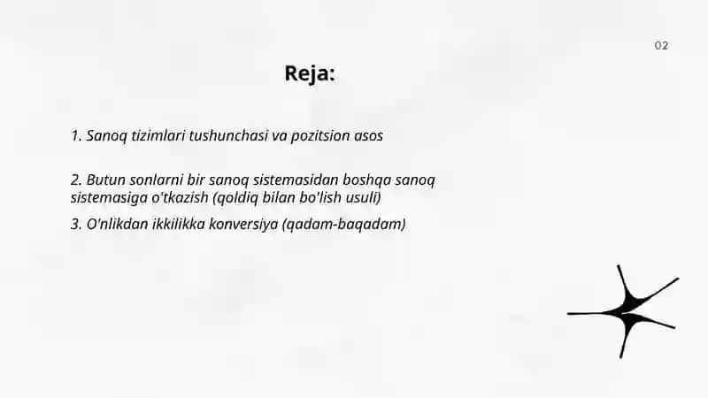 Sanoq sistema tushunchasi bir sanoq sistemasidan boshqa sanoq sistemasiga o'tish 2