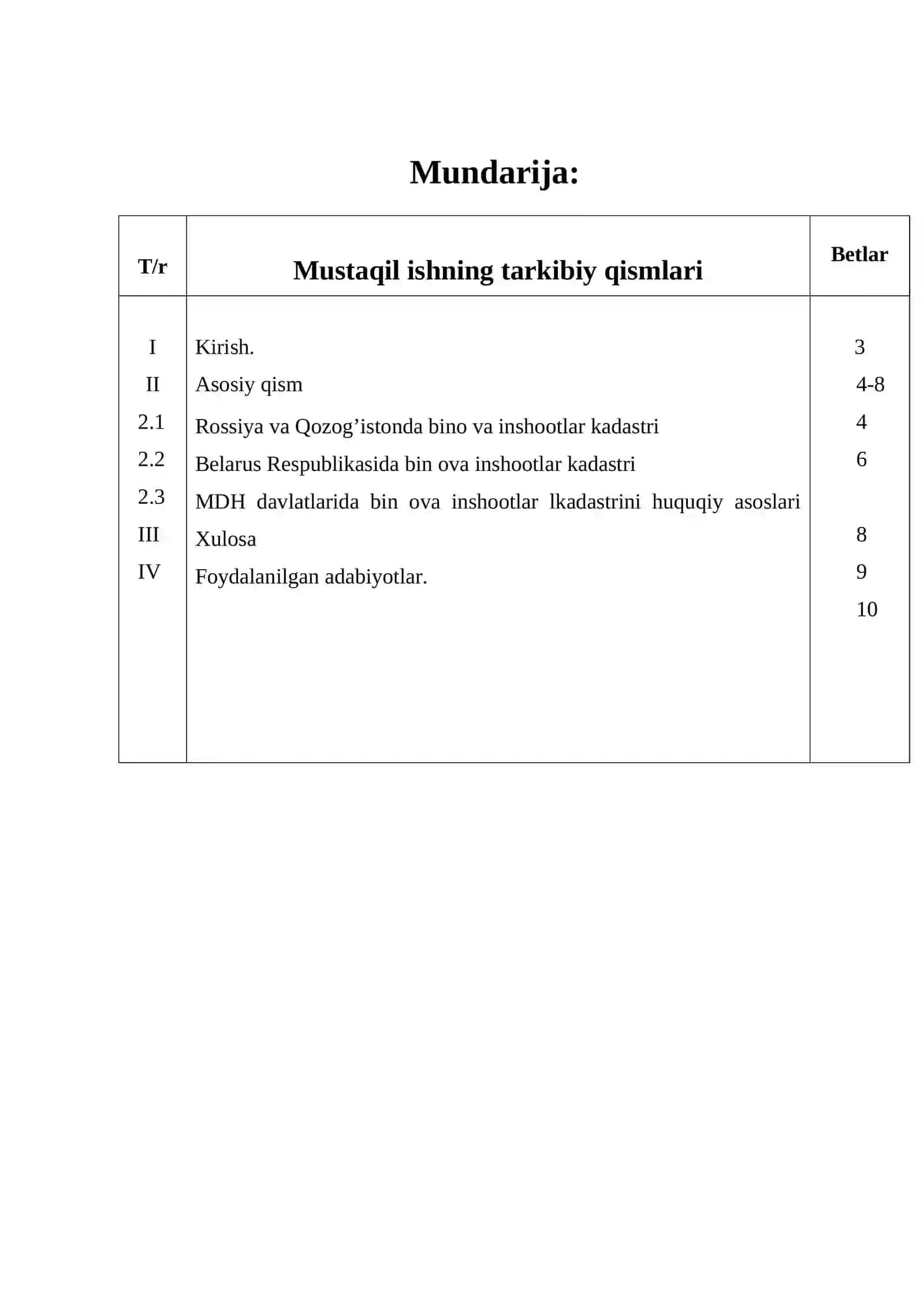 MDH davlatlarida bin ova inshootlar davlat kadastrining yuritilishi 2