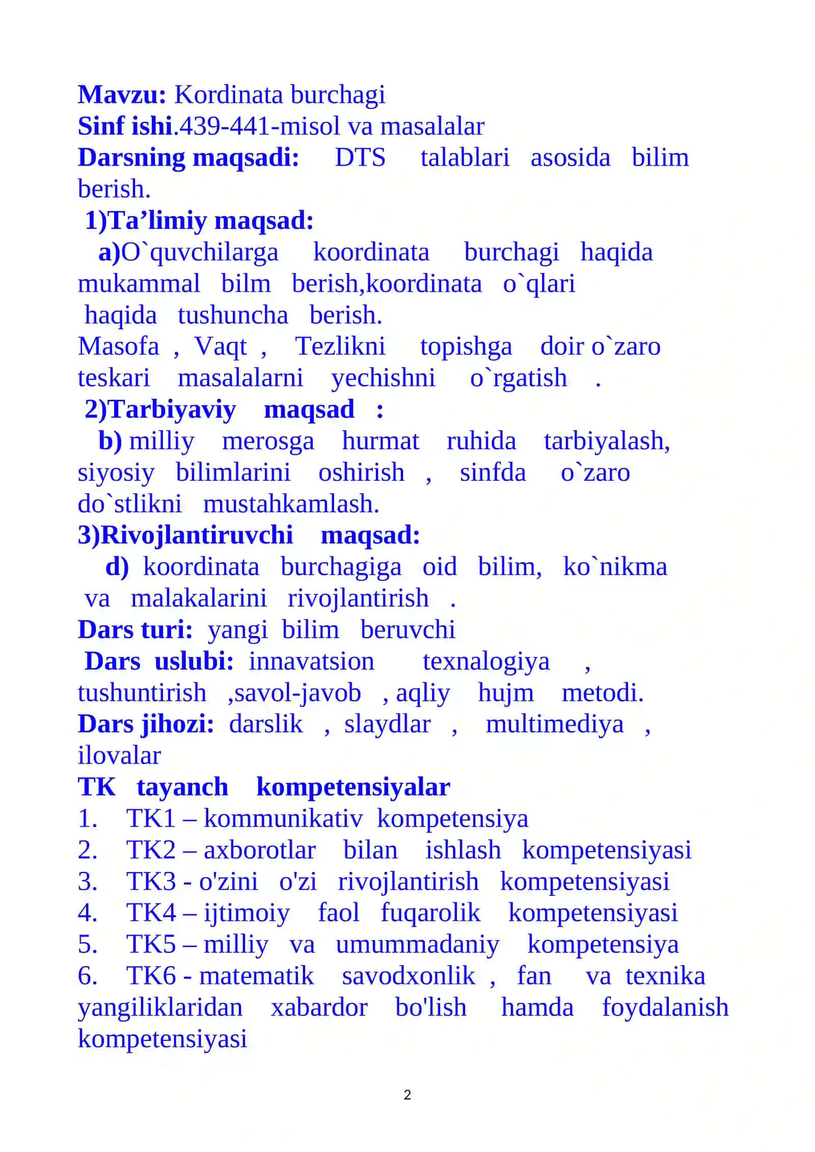 4-sinf Matematika Koordinata burchagi dars ishlanmasi 2