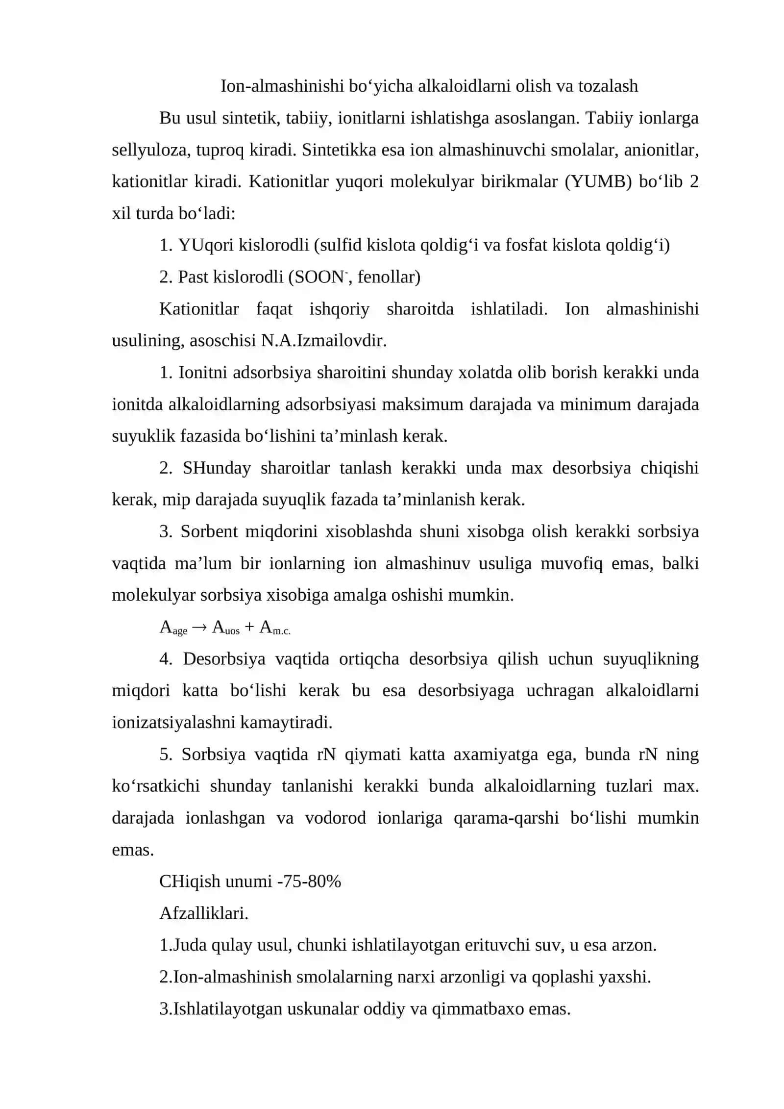 Ion almashinishi bo‘yicha alkaloidlarni olish va tozalash alkaloidlar yig‘indisidan individual alkaloidlarni ajratish 2