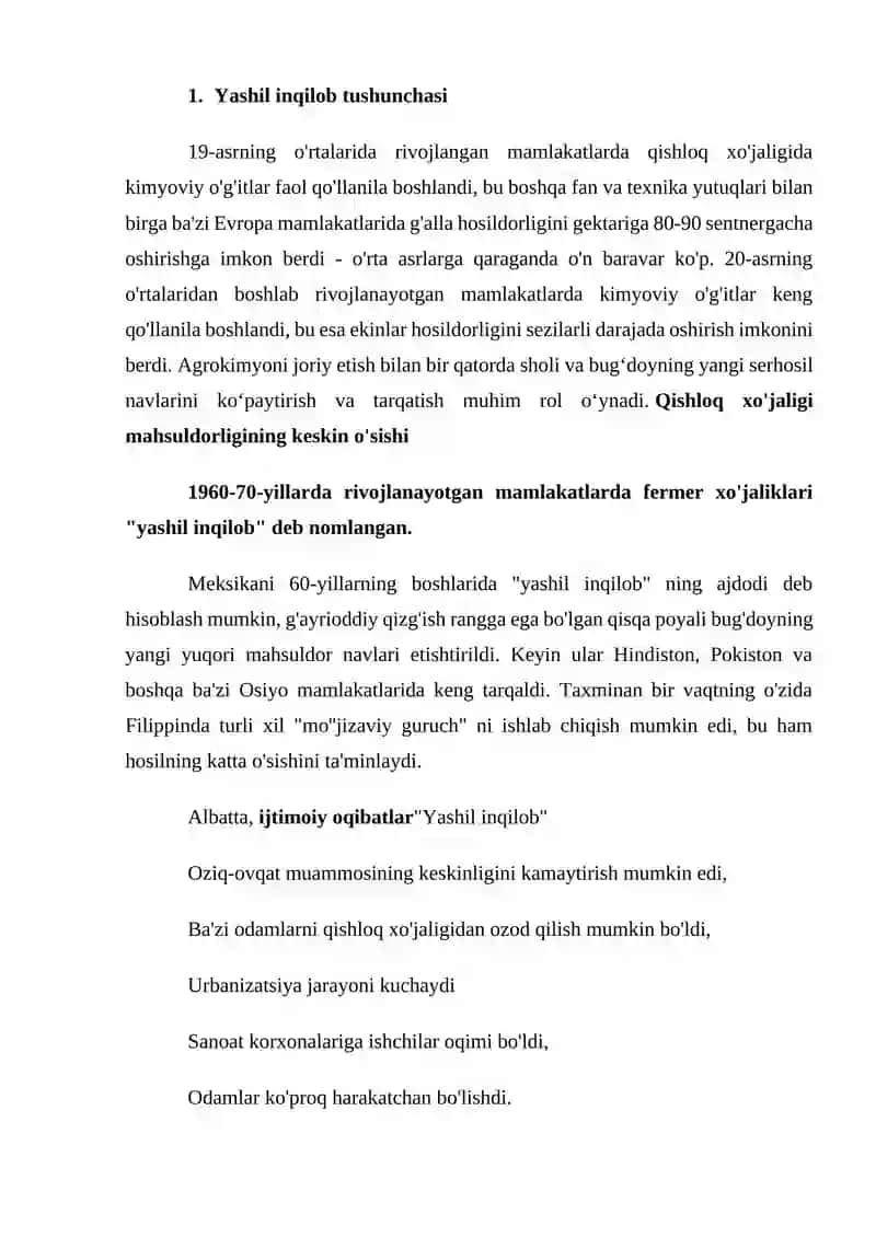 Yashil inqilob ununig iqtisodiy ahamiyati 2