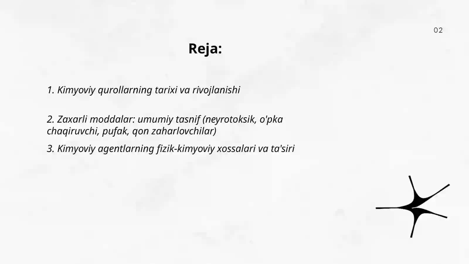 KIMYOVIY QUROL.ZAXARLI MODDALARNING TASNIFI.KIMYOVIY VAZIYATNI BAHOLASH 2