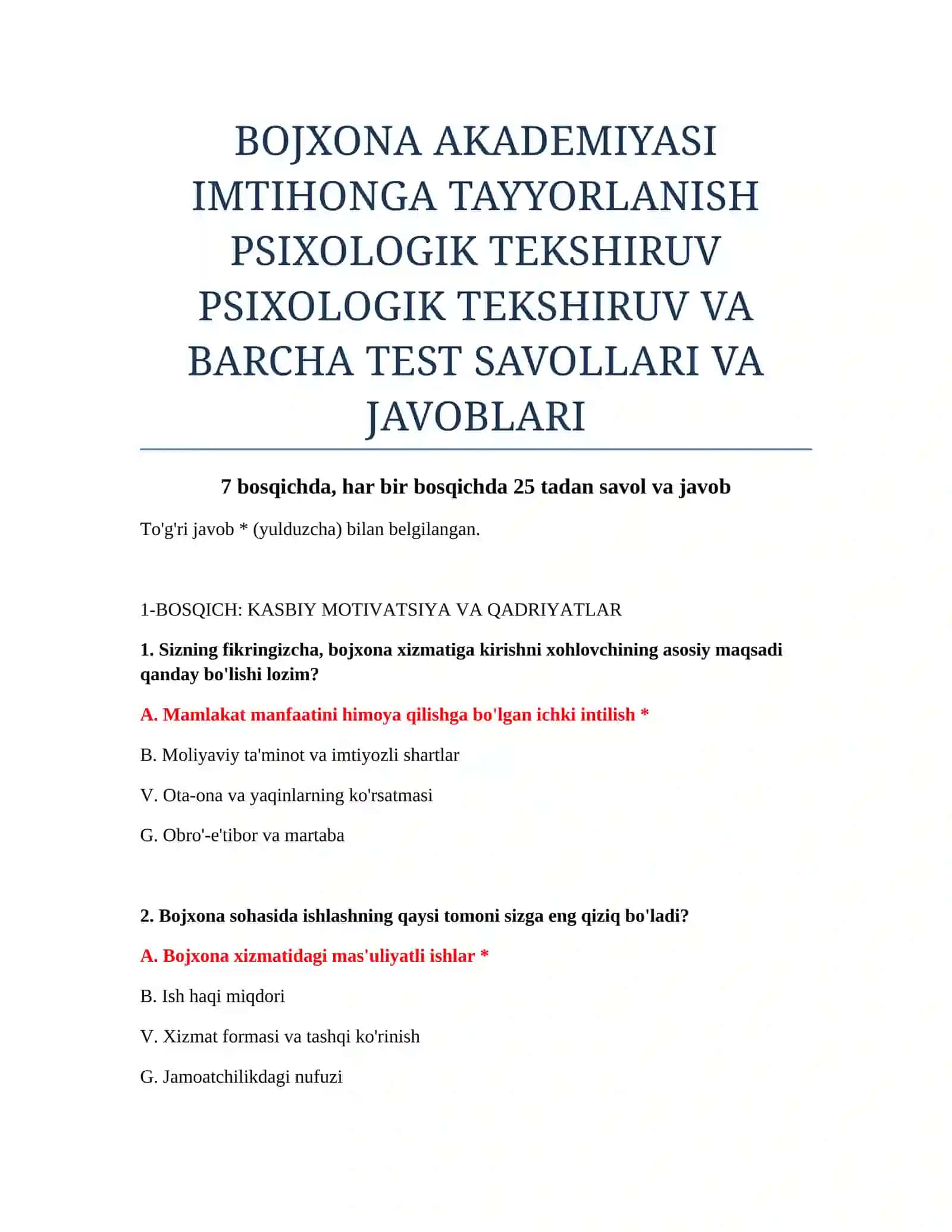 PSIXOLOGIK TEKSHIRUV VA BARCHA TEST SAVOLLARI VA JAVOBLARI 2