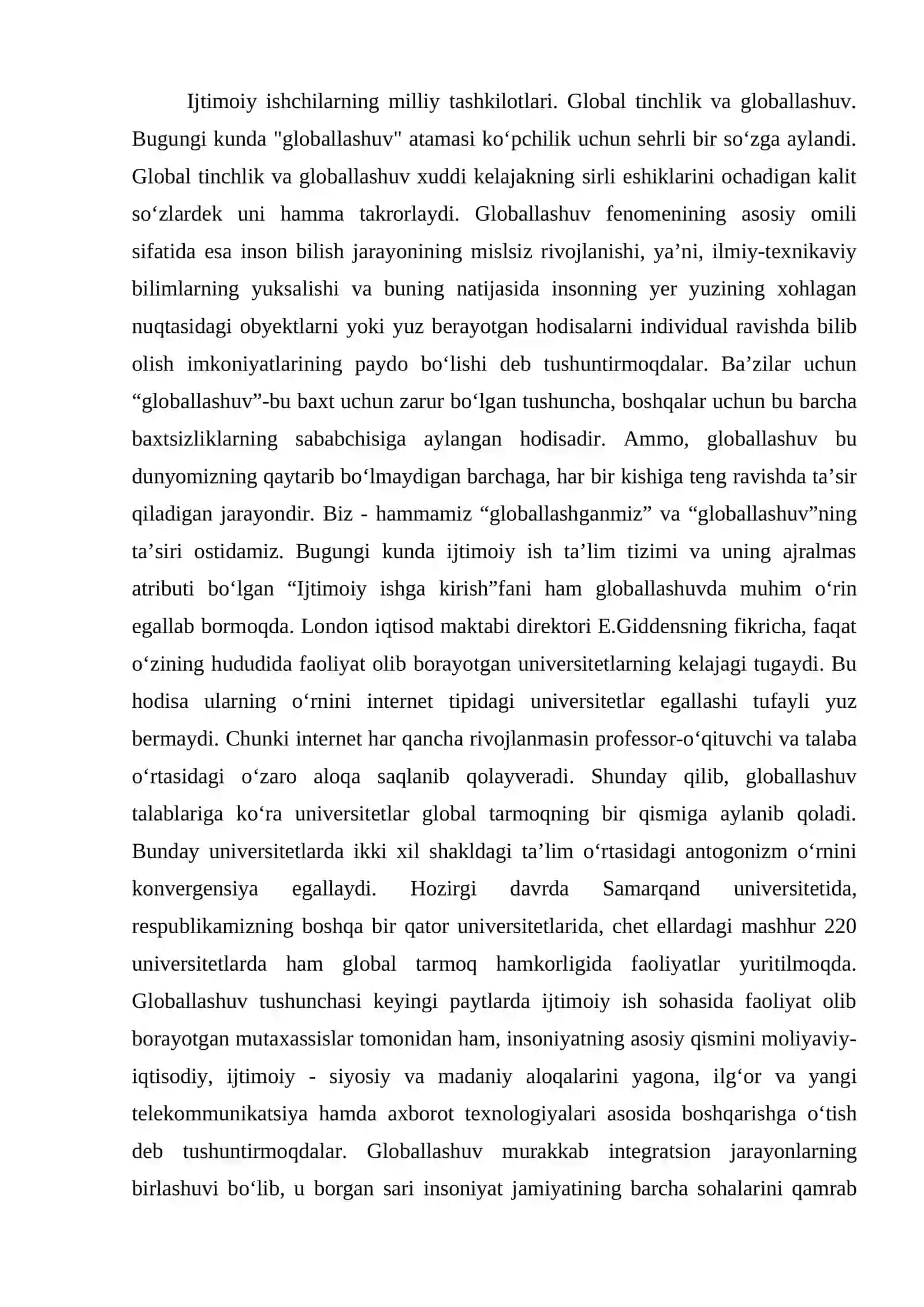 Ijtimoiy ish globalizatsiyasi. O‘zbekistonda ijtimoiy ishning rivojlanishi 2