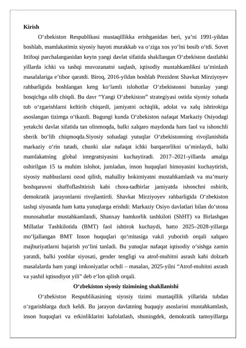 O‘zbekistonning siyosiy sohadagi yutuqlari 2