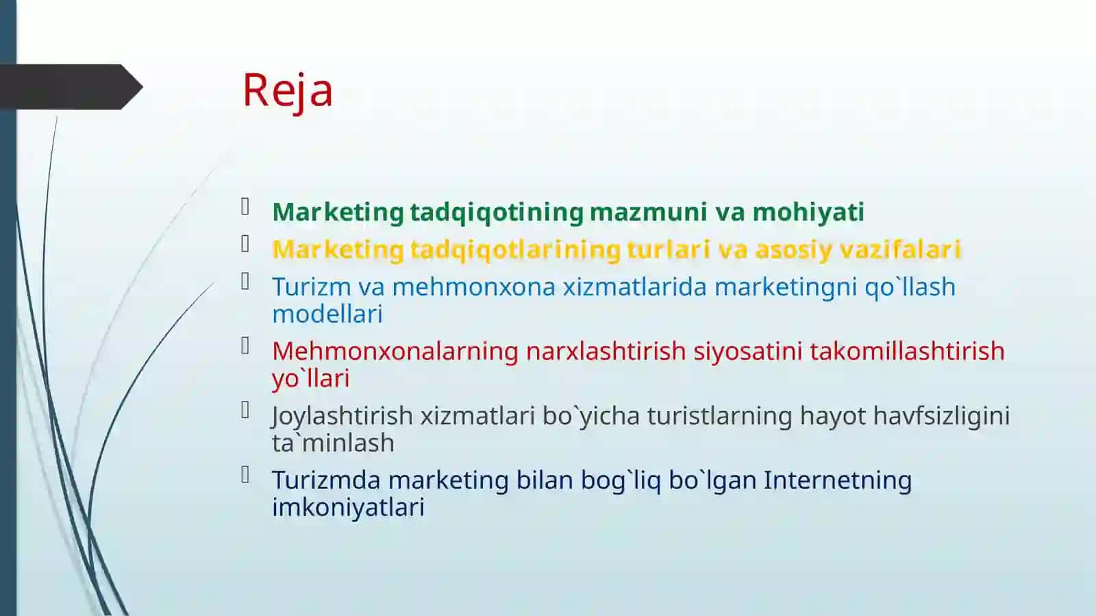 TURIZM VA MEHMONXONA XO`JALIGI FAOLIYATINING MARKETING TADQIQOTLARI 2
