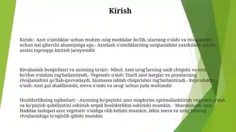 Azotning OʻSimliklarni Rivojlanish Davrlari Va Hosiliga TaʼSiri 2