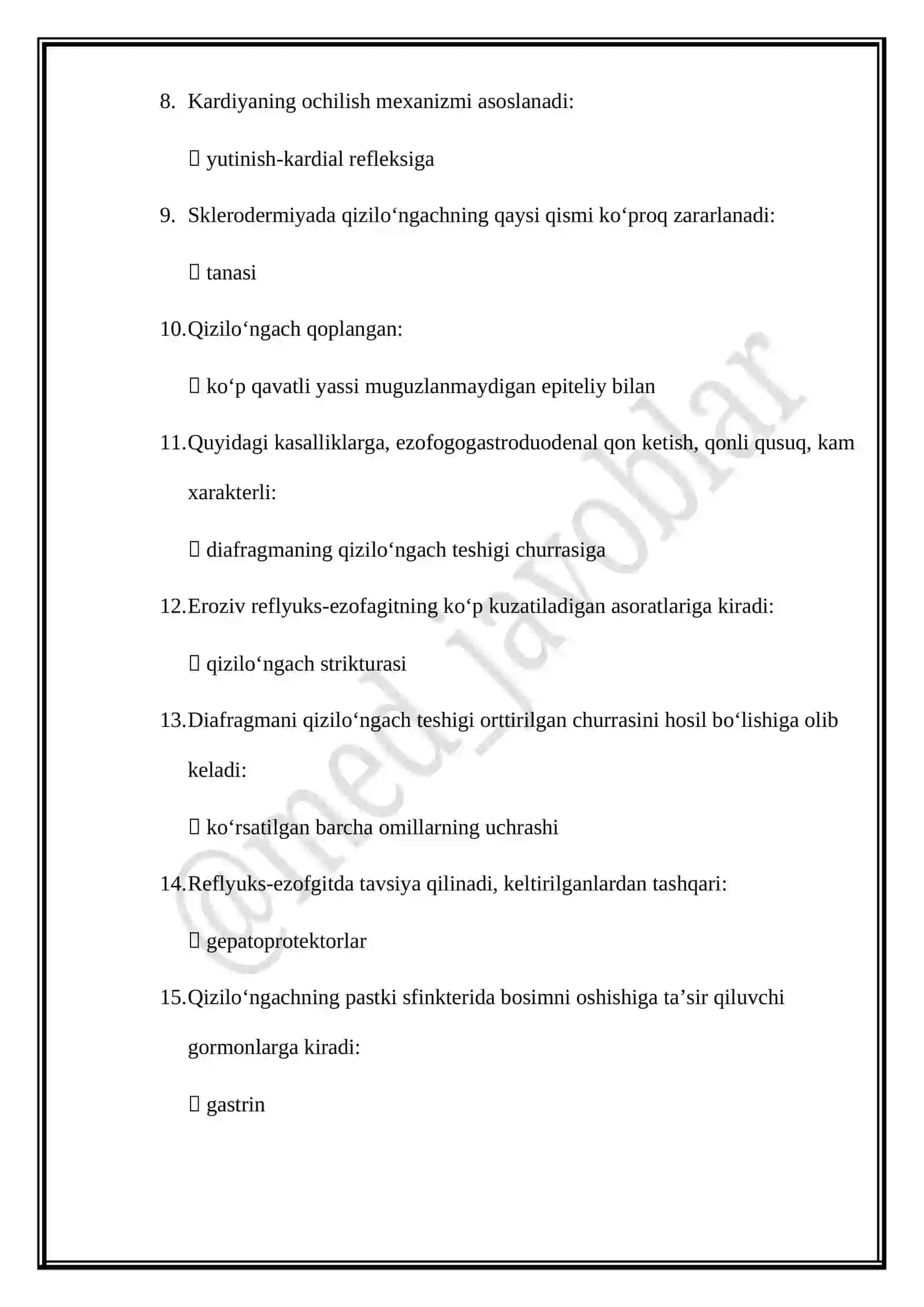 Gastroenterologiya mutaxassisligi boʻyicha shakllantirilgan test savol javoblari 2