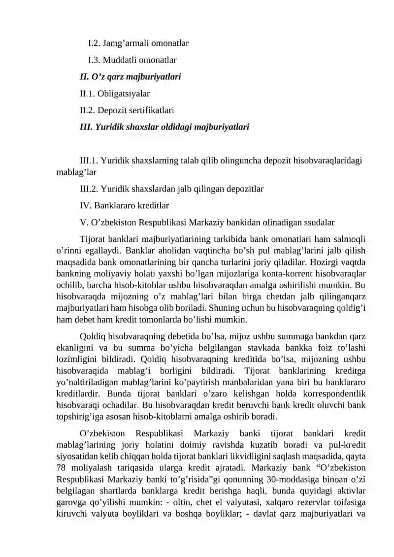 TIJОRАT BАNKLАRINING MАJBURIYATLАRI, LIKVIDLIGI VА TO’LОVGА LАYOQАTLILIGI TАHLILI 2