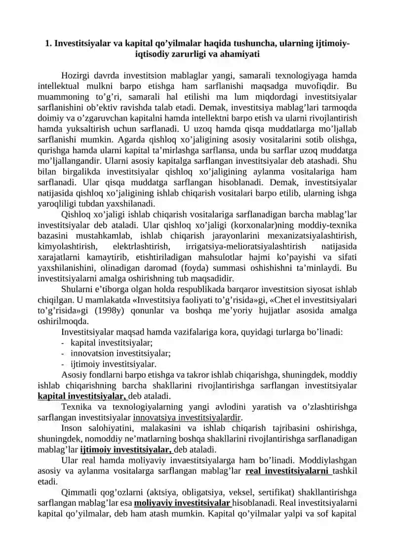 Investitsiyalar va kapital qo’yilmalar haqida tushuncha 2