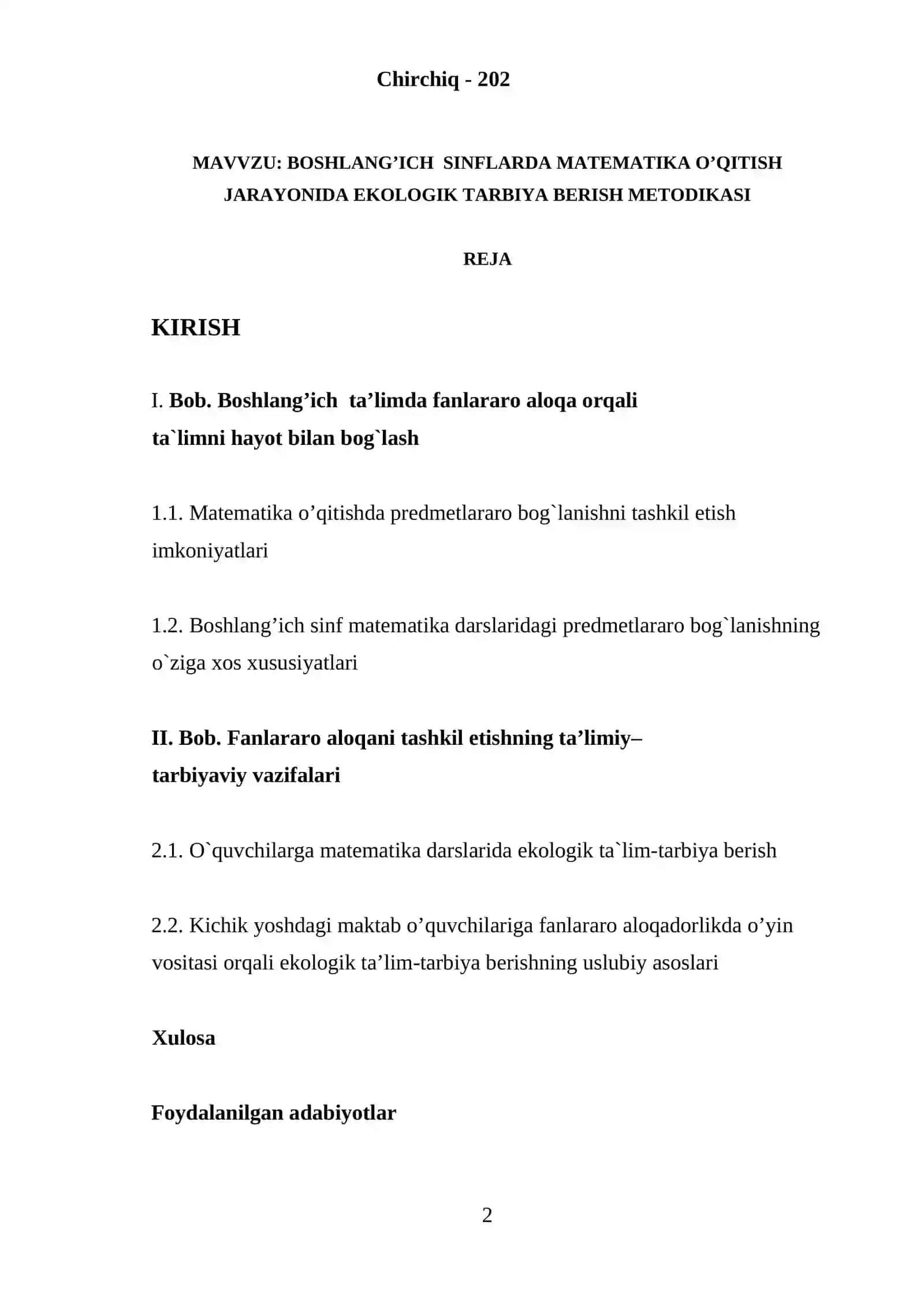 BOSHLANG’ICH SINFLARDA MATEMATIKA O’QITISH JARAYONIDA EKOLOGIK TARBIYA BERISH METODIKASI 2