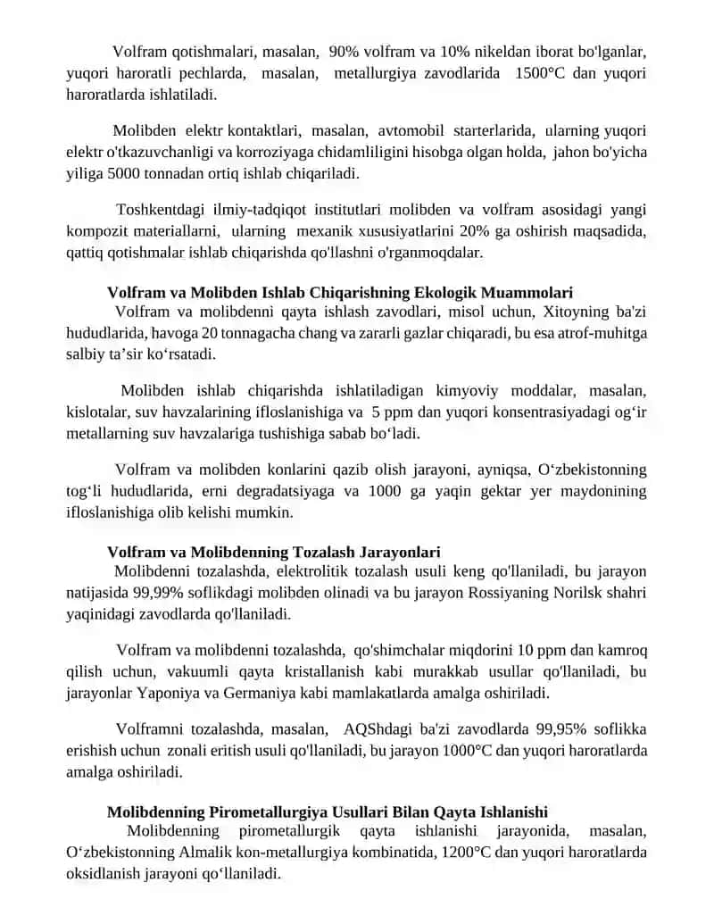 Volfram va molibden ishlab chiqarish jarayoni 2