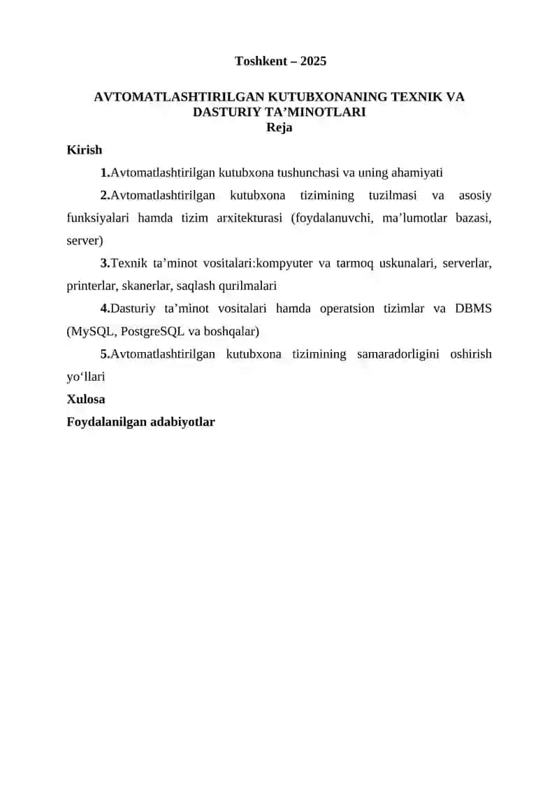 Amaliy ish-1 Mavzu: Avtomatlashtirilgan kutubxonaning texnik va dasturiy ta’minoti.» 2