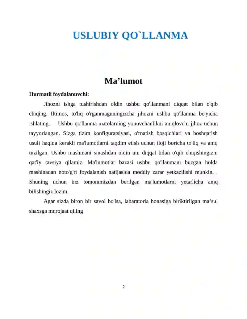 YG815A rusumli matolarning yonuvchanlikni aniqlovchi jihoz uchun USLUBIY QO`LLANMA 2
