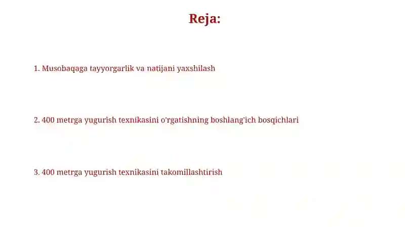 400 metrga yugurish texnikasini oʻrgatish 2
