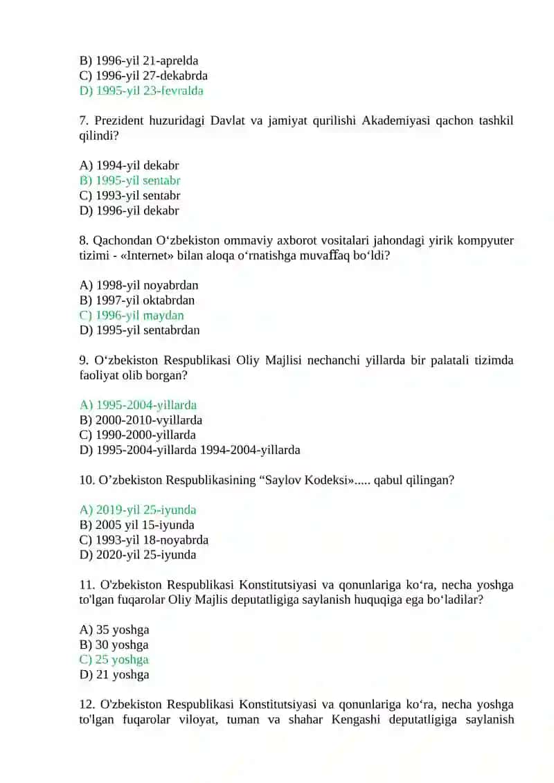 "O‘zbekistonda demokratik, fuqarolik jamiyati asoslarining shakllanishi" test savollari 2