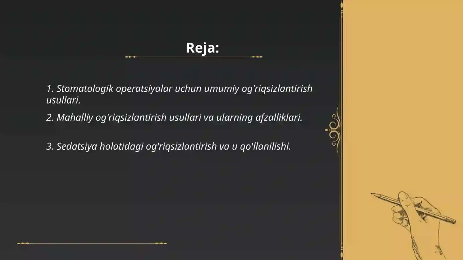 Sovg'a bo'yicha "Stomatologik operatsiyalar va tish olishda qoʻllaniladigan ogʻriqsizlantirsh usullari" 2