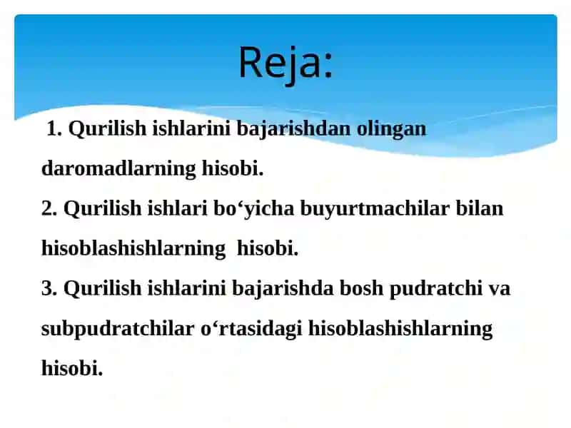 QURILISH ISHLARINI BAJARISHDAN OLINGANDAROMADLAR VA ULARGA DOIR HISOBLASHISHLARNING HISOBI 2
