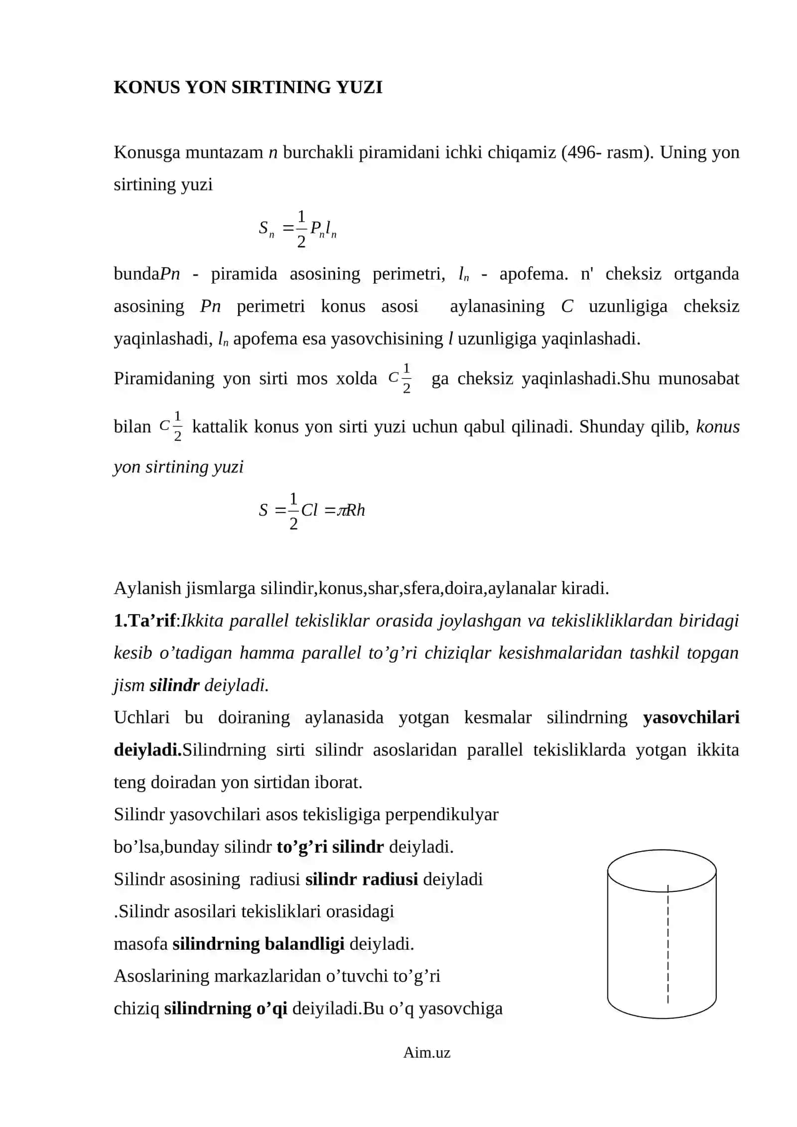 Silindr va Konusning Yon hamda To‘la Sirti | Geometriya Darsligi (DOC) 2
