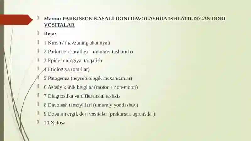 parkinson kasalligini davolashda ishlatiladigan dori vositalari 2