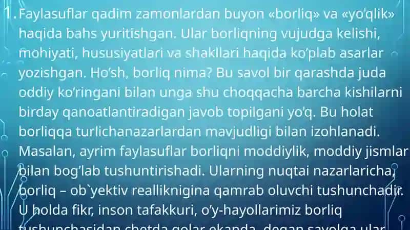Parmenid va malesning borliq haqidagi qarashlardagi farqlar va umumiylikni aniqlash 2