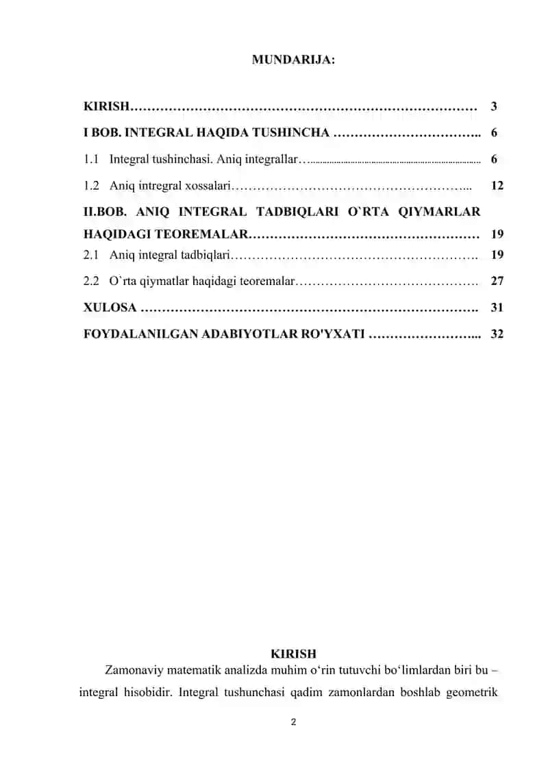 ANIQ INTEGRAL XOSSALARI VA O`RTA QIYMATLAR HAQIDAGI TEOREMALAR kurs ishi 2
