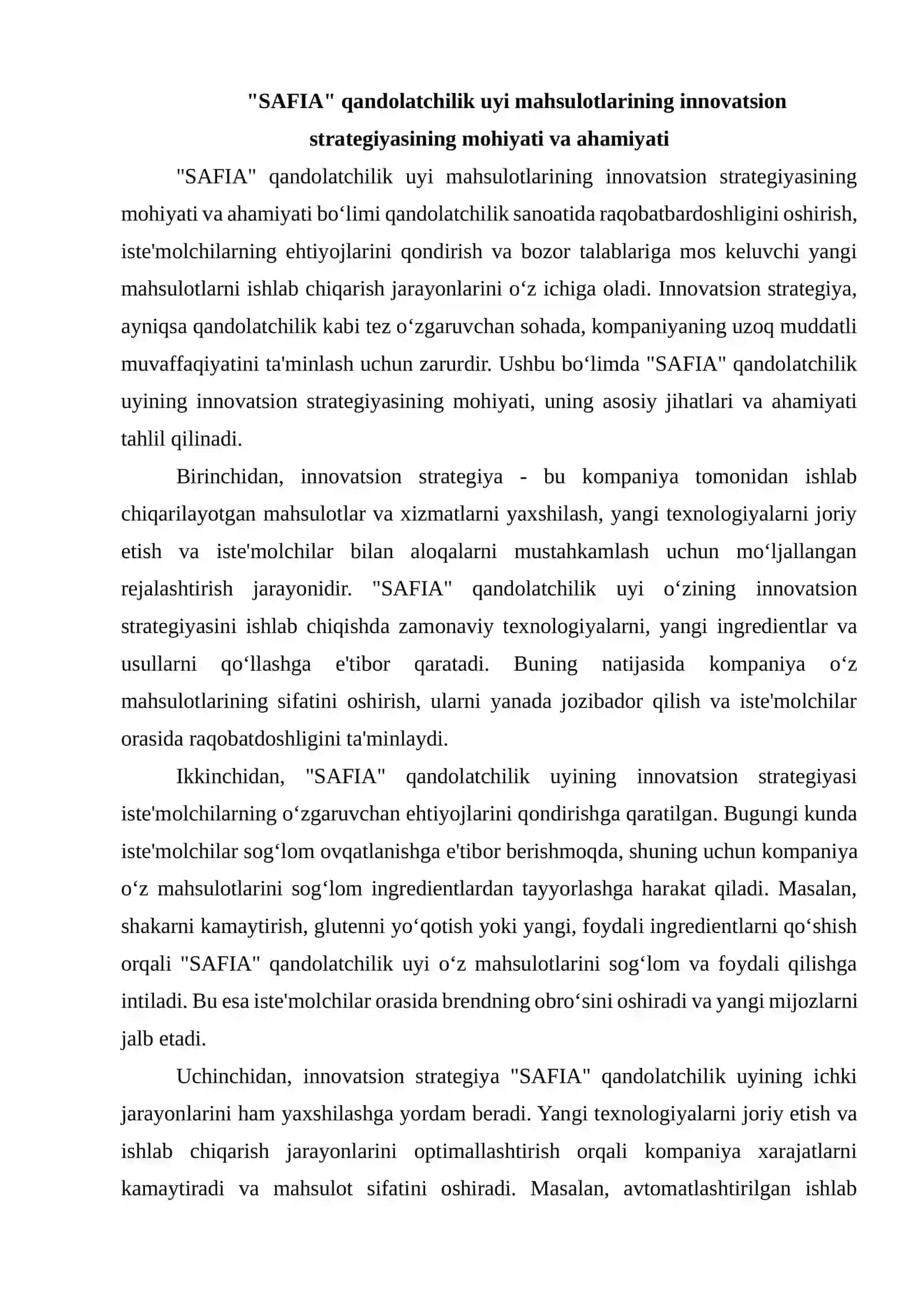 "SAFIA" qandolatchilik uyi mahsulotlarining innovatsion strategiyasini shakllantirish va amalga oshirish mexanizmlarini tahlil qilish haqida 2