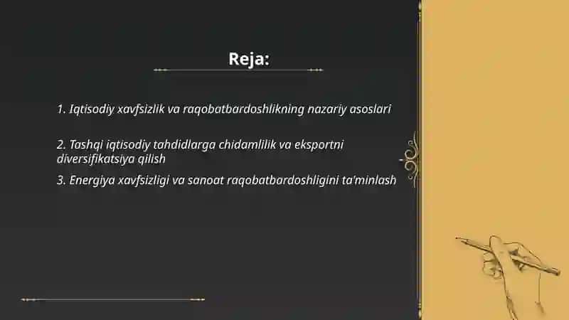 Iqtisodiyotning raqarbardoshligini oshirish Iqtisodiy xavfsizlikni taminlash omili 2