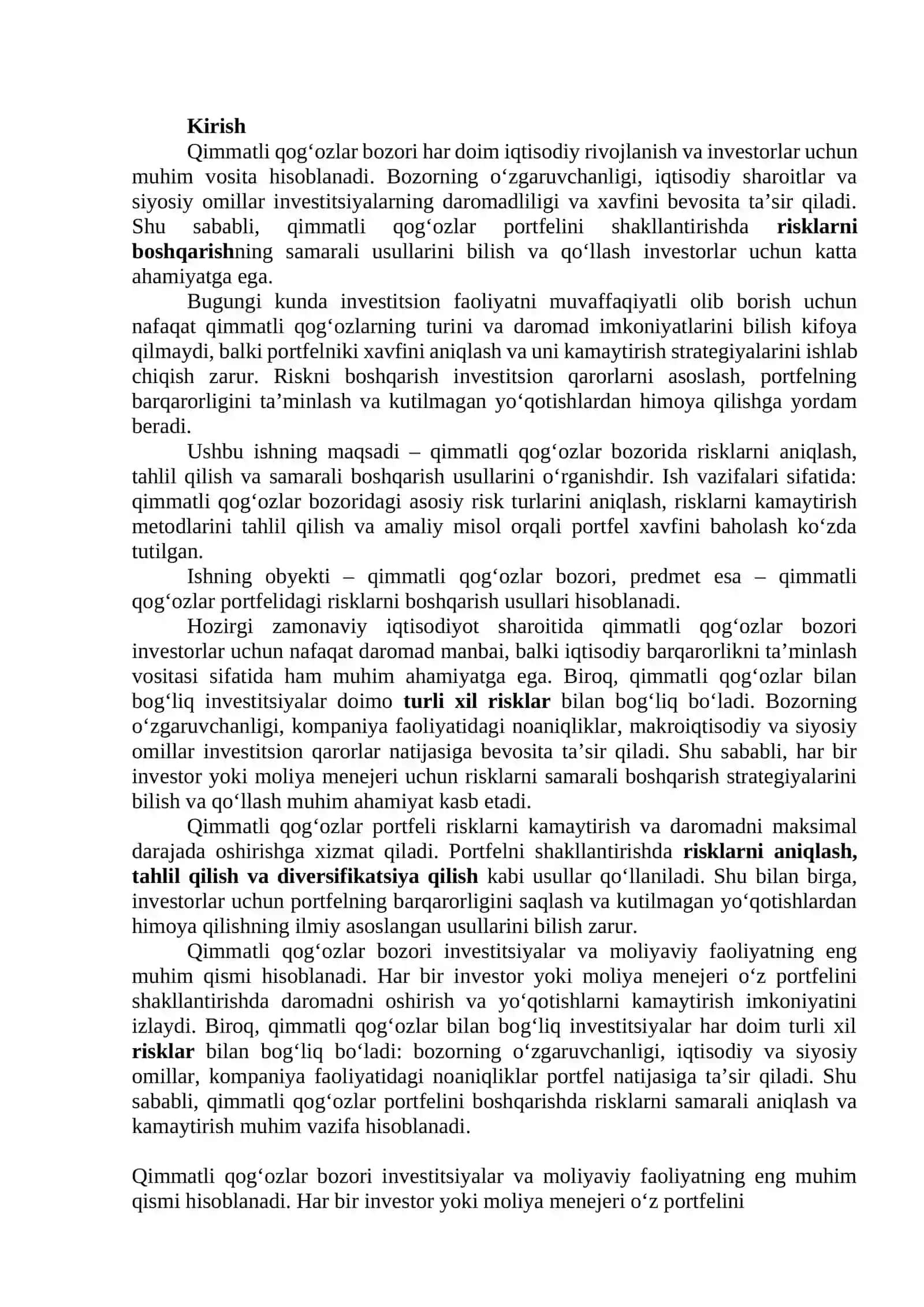 Qimmatli qog'ozlar portfelini boshqarish 2