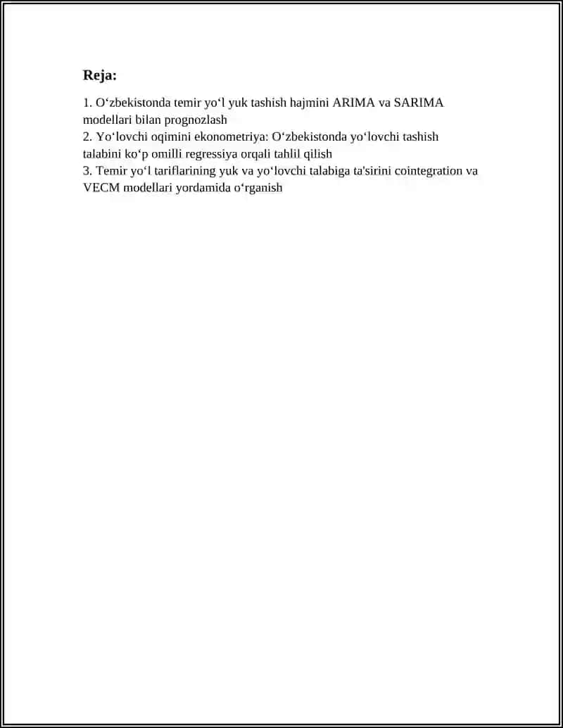 O‘ZBEKISTON RESPUBLIKASI TEMIR YO‘L TRANSPORTI SOHASINI EKONOMETRIK MODELLASHTIRISH 2