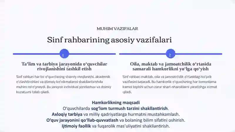 Sinf rahbarining oila va jamoatchilik bilan oatchilik bilan o‘quvchilar rivojlanishi 2