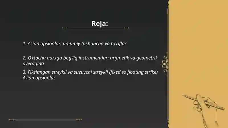 Asian opsionlar: o‘rtacha narxga bog‘liq instrumentlar 2
