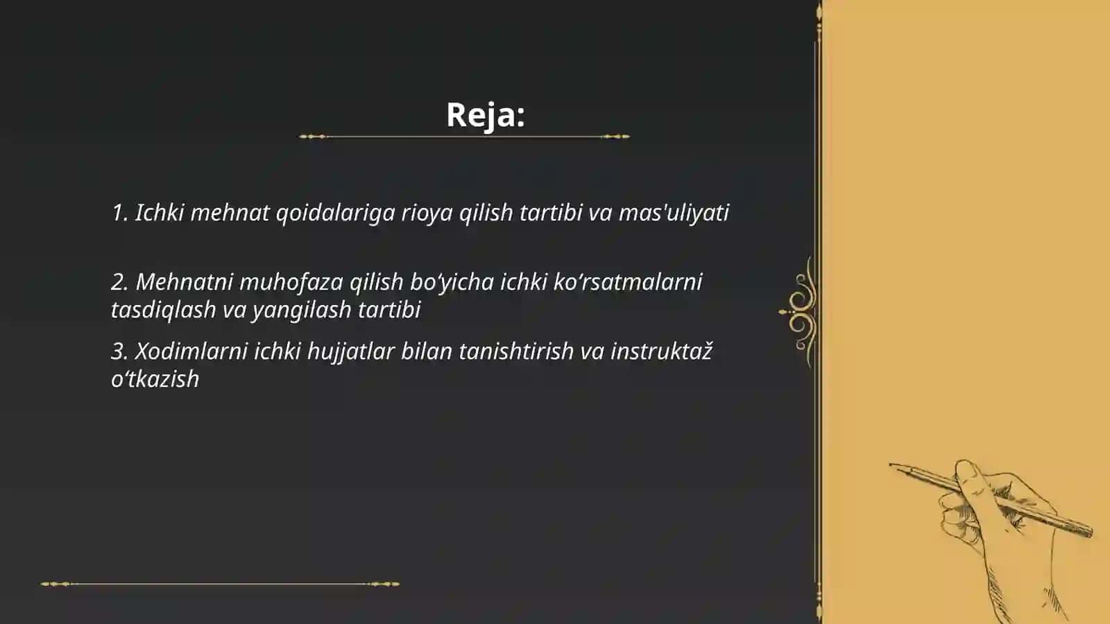 Ichki mexnat qoidalariga, mexnatni muxofaza qilish boʻyicha koʻrsatmalarga korxonaning ichki me'yoriy xujjatlariga rioya qilish 2