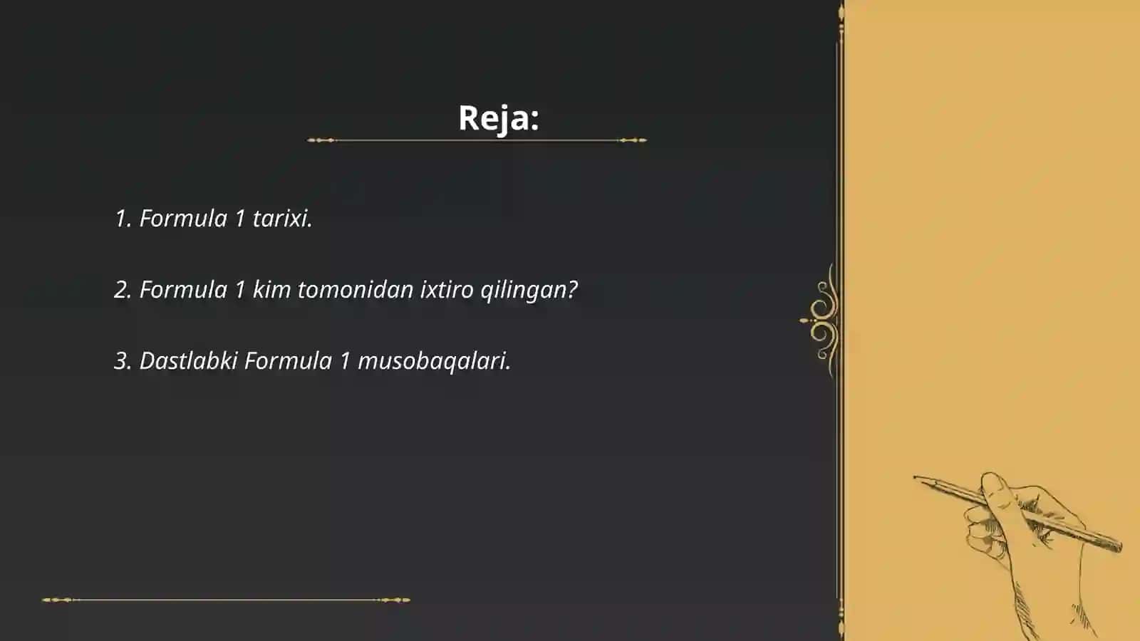 Slayd tayyorlab ber formula 1 haqida 2