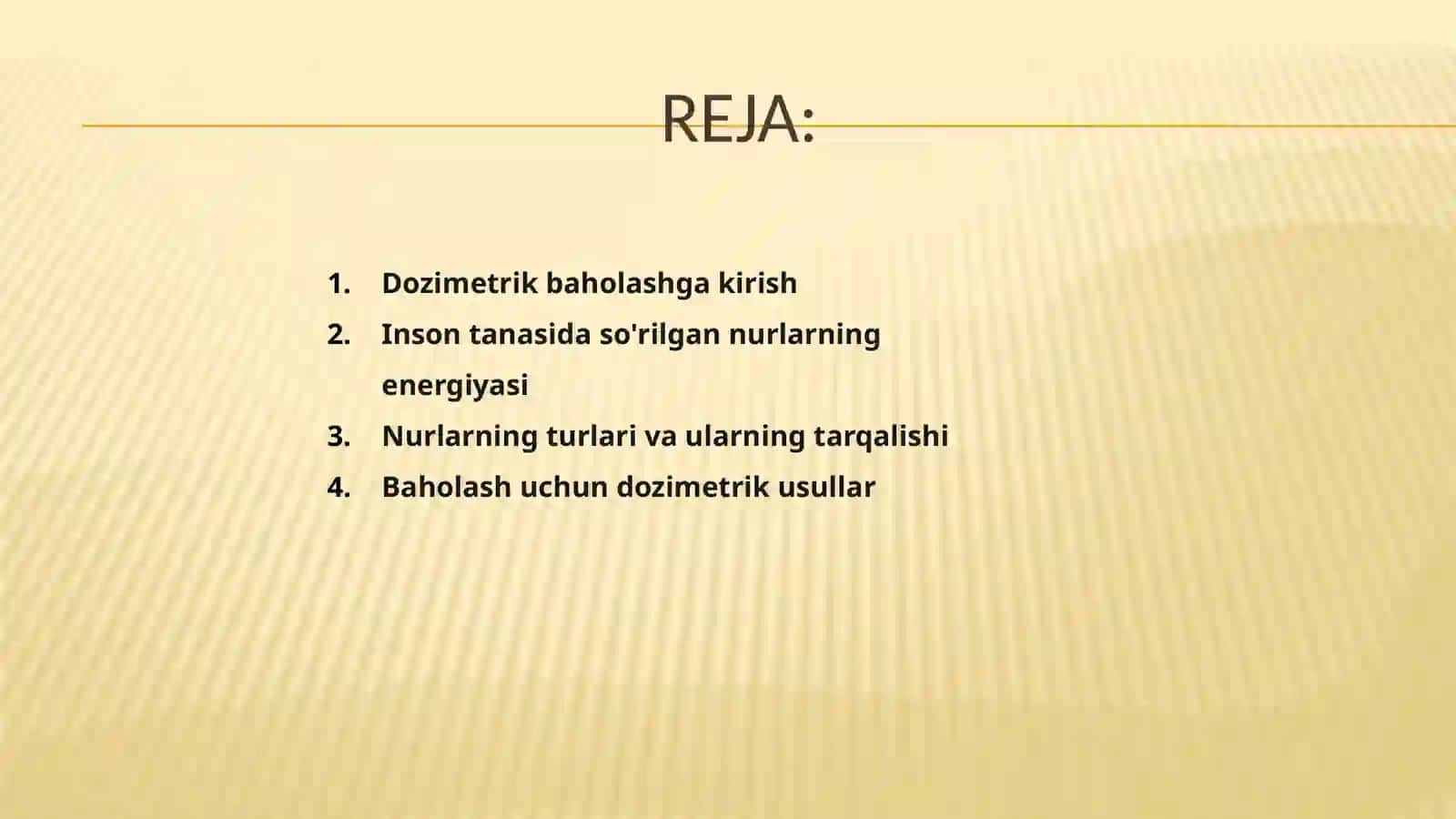 Yutilgan nurlar energiyasini dozimetrik baholash.Turli nurlarni odam tanasida taqsimlanishi 2