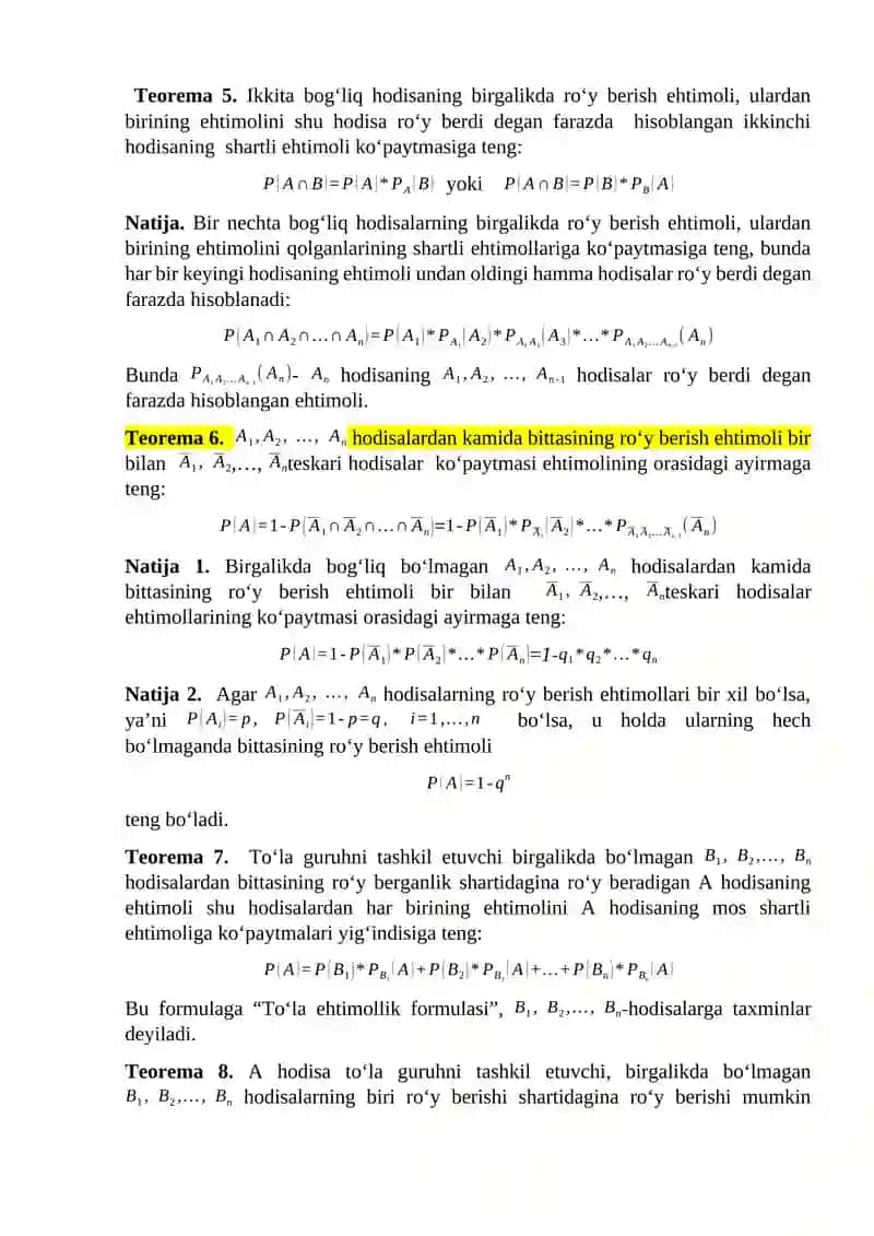 SHARTLI EHTIMOL. HODISALARNING BOGʻLIQSIZLIGI. EHTIMOLLARNI QOʻSHISH VA KOʻPAYTIRISH TEOREMALARI. TOʻLA EHTIMOL VA BAYES FORMULALARI 2