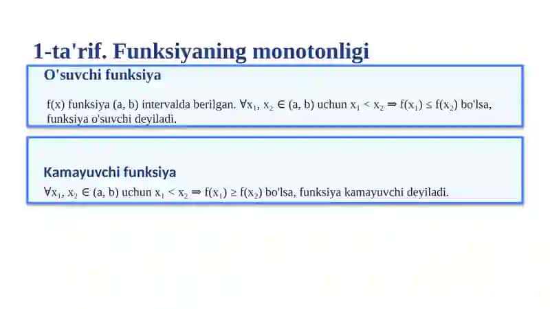 Hosila yordamida funksiyani monotonlikka tekshirish. Funksiya ekstremumi, ularni hosila yordamida topish 2