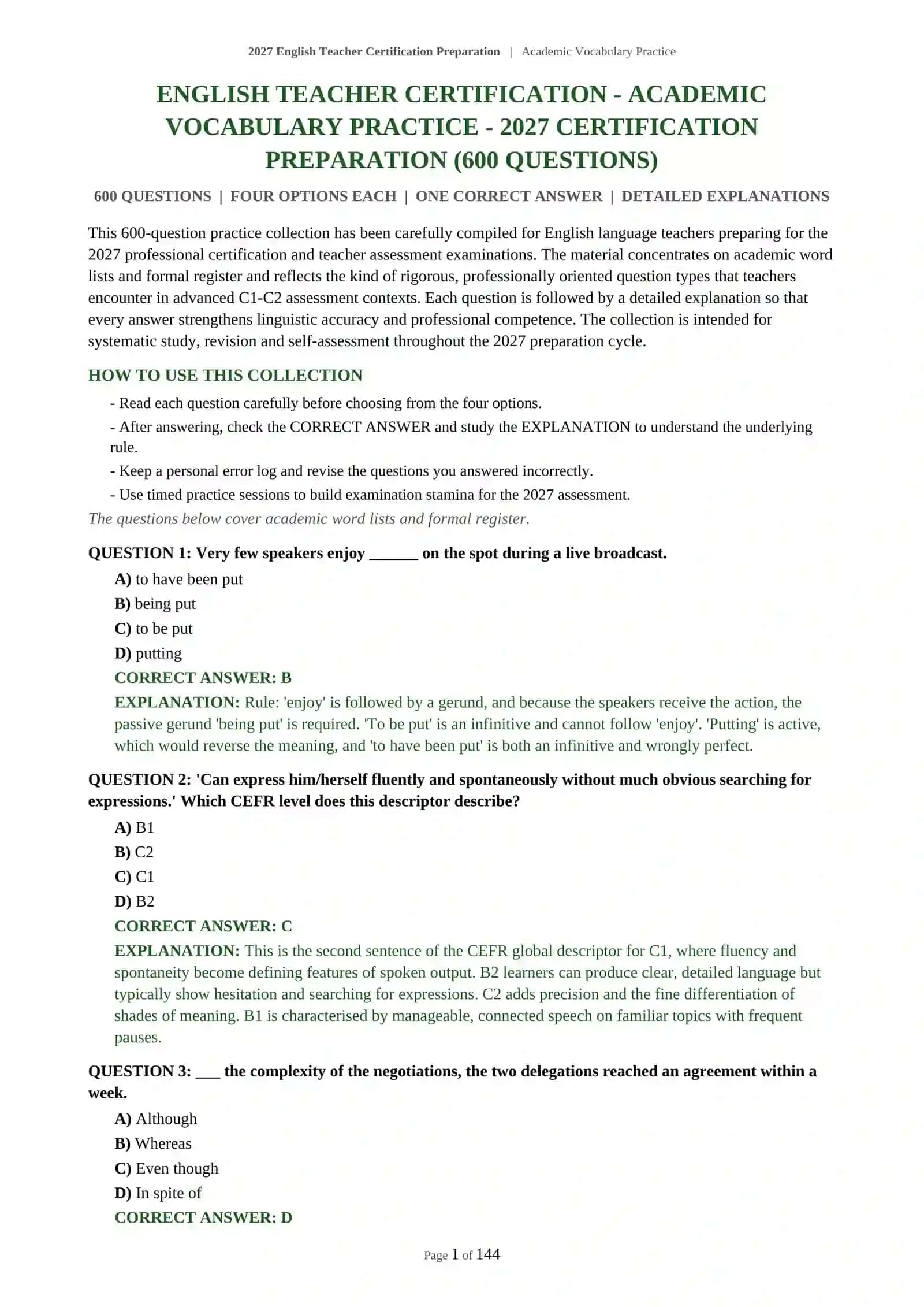 2027 English Teacher Certification Preparation 2