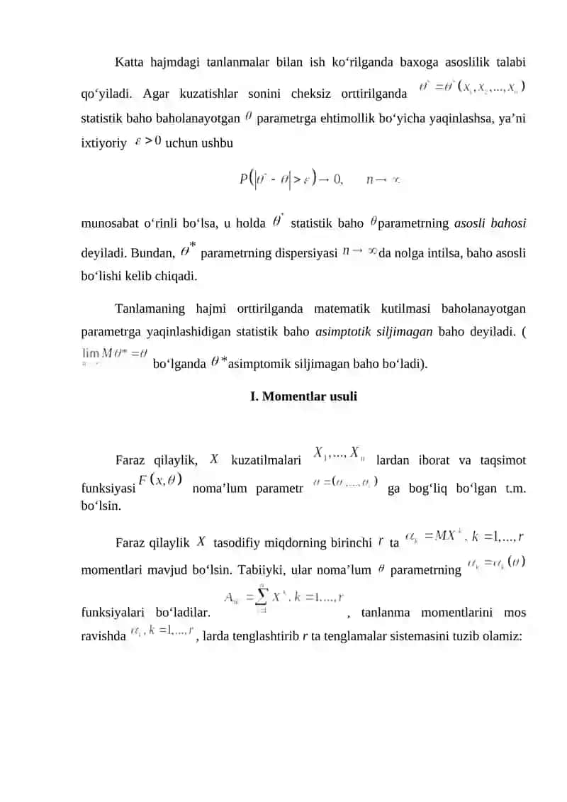 Noma’lum parametrlarni baholash usullari momentlar va eng katta 2