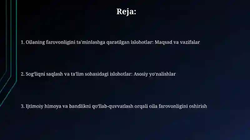 Respublikamizda oilalar faravonligini ta'minlash maqsadida olib borilayotgan islohatlar 2