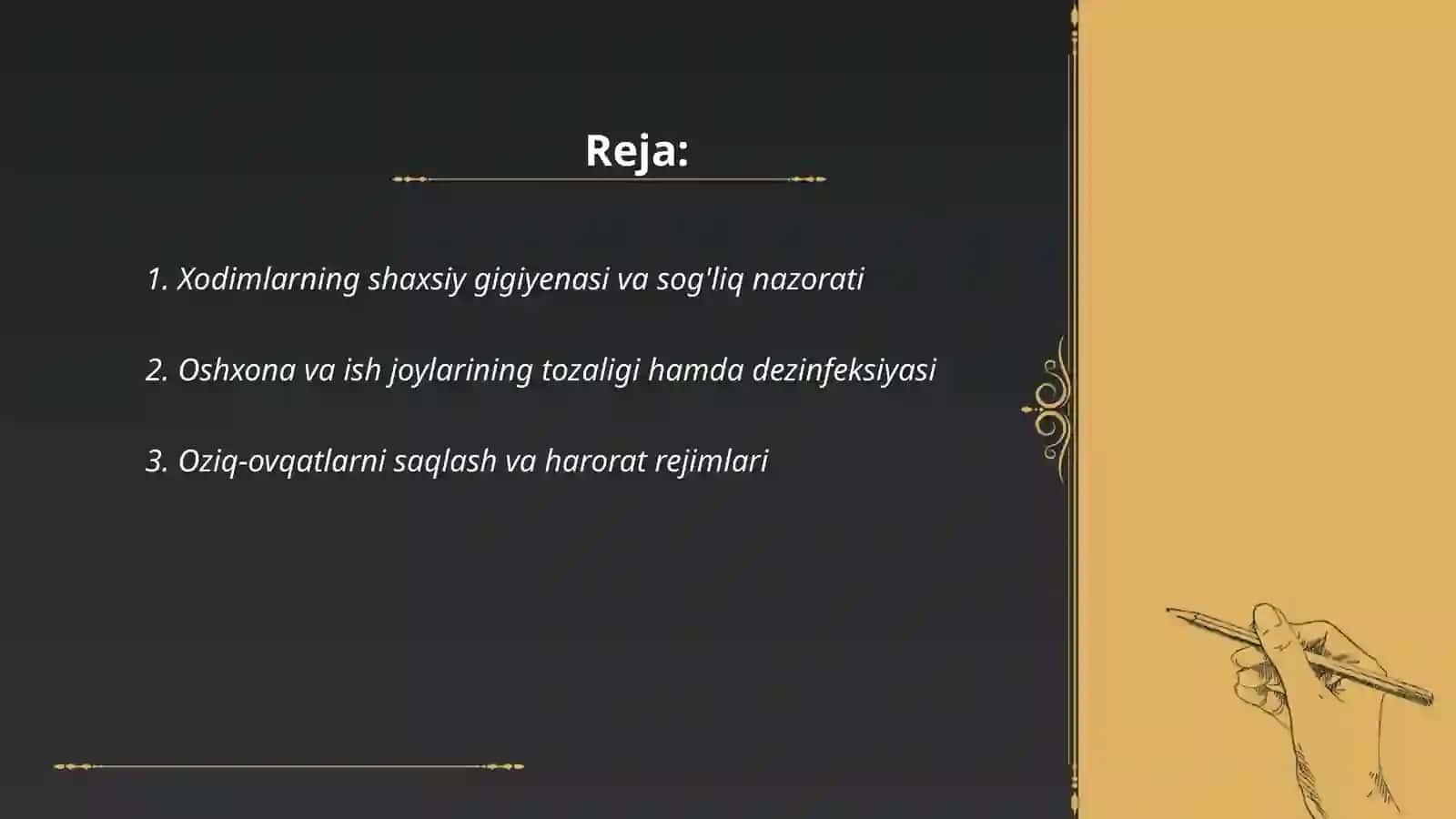 Ovqatlanish korxonalarida (restoran, kafe) sanitariya va gigiyena standartlari 2