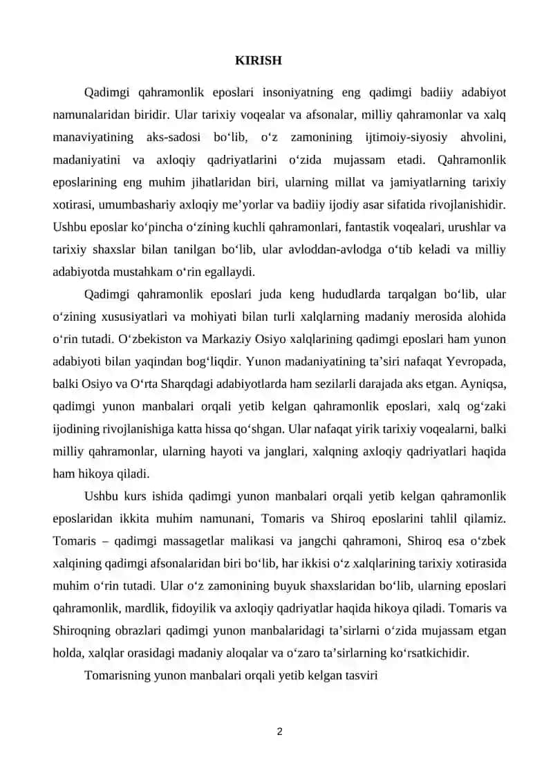 QADIMGI QAHRAMONLIK EPOSINING YUNON MANBALARI ORQALI YETIB KELGAN NAMUNALARI:TOMARIS, SHIROQ KURS ISHI 2