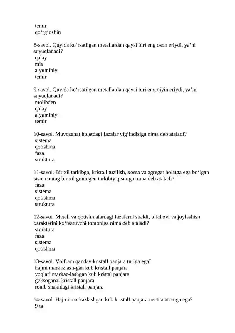 Materialshunoslik va konstruksion materiallar texnologiyasi test savollari 2