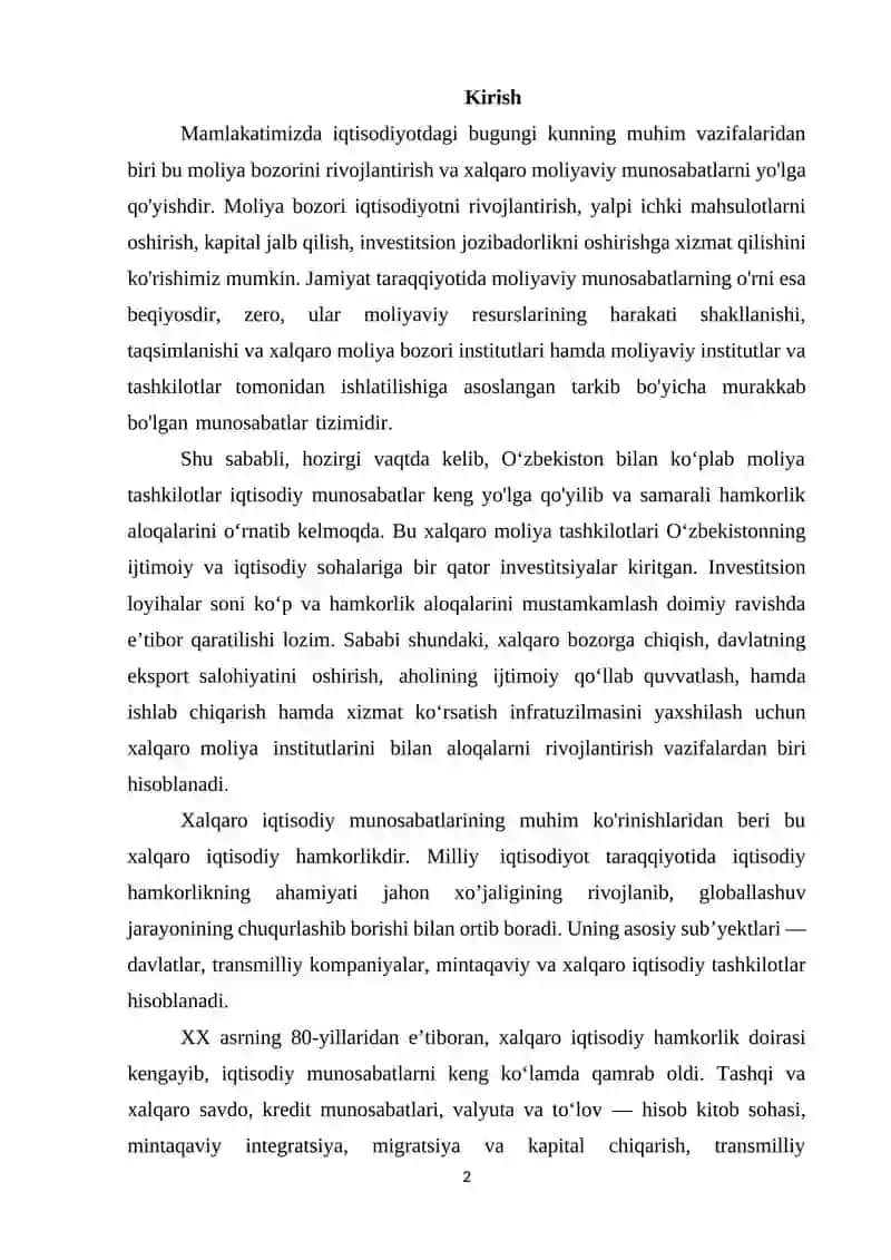 O’zbekistonda xalqaro moliya nstitutlari bilan moliyaviy munosabatlarini rivojlanish masalalari 2