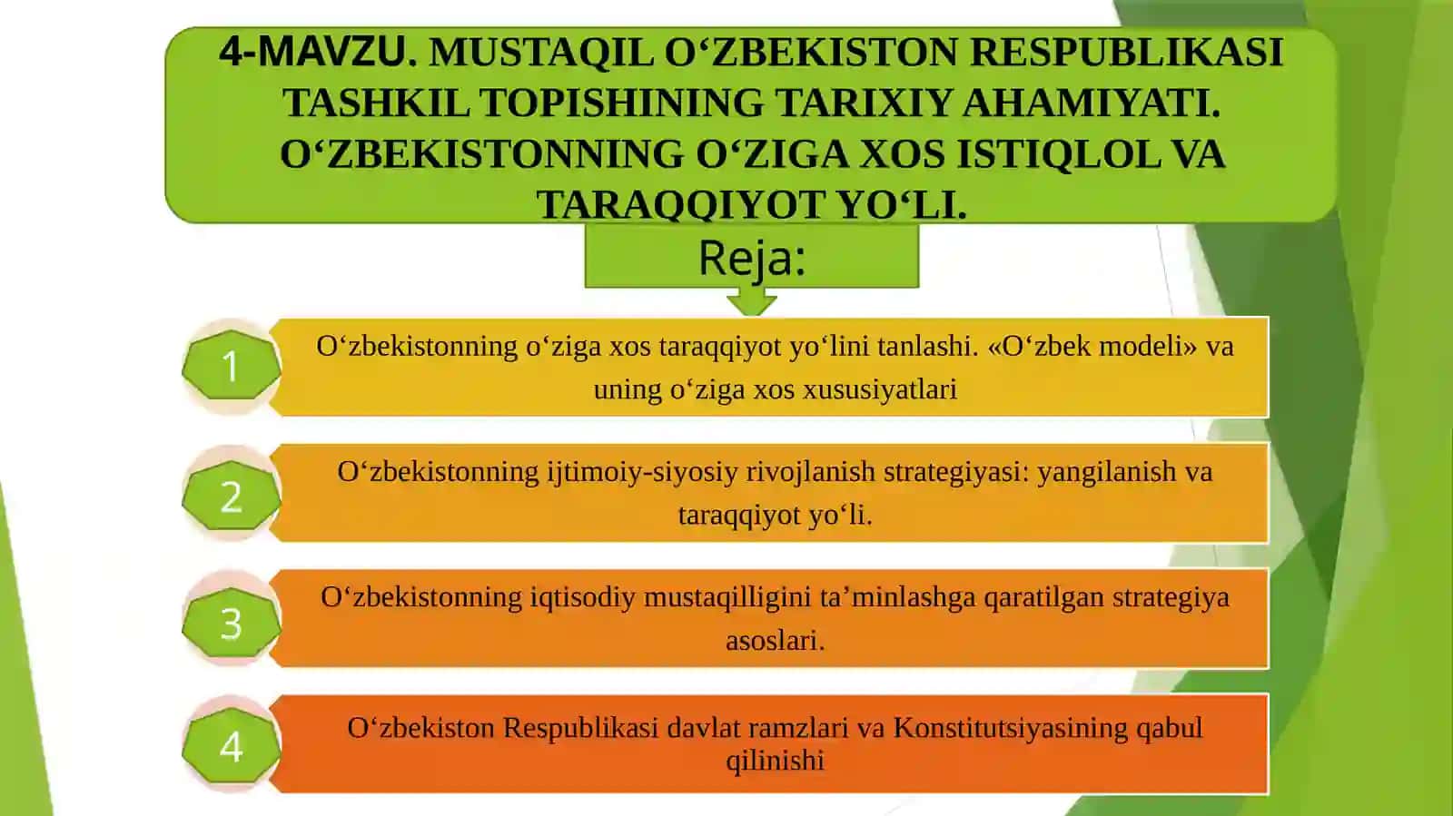 MUSTAQIL O‘ZBEKISTON RESPUBLIKASI TASHKIL TOPISHINING TARIXIY AHAMIYATI. O‘ZBEKISTONNING O‘ZIGA XOS ISTIQLOL VA TARAQQIYOT YO‘LI 2