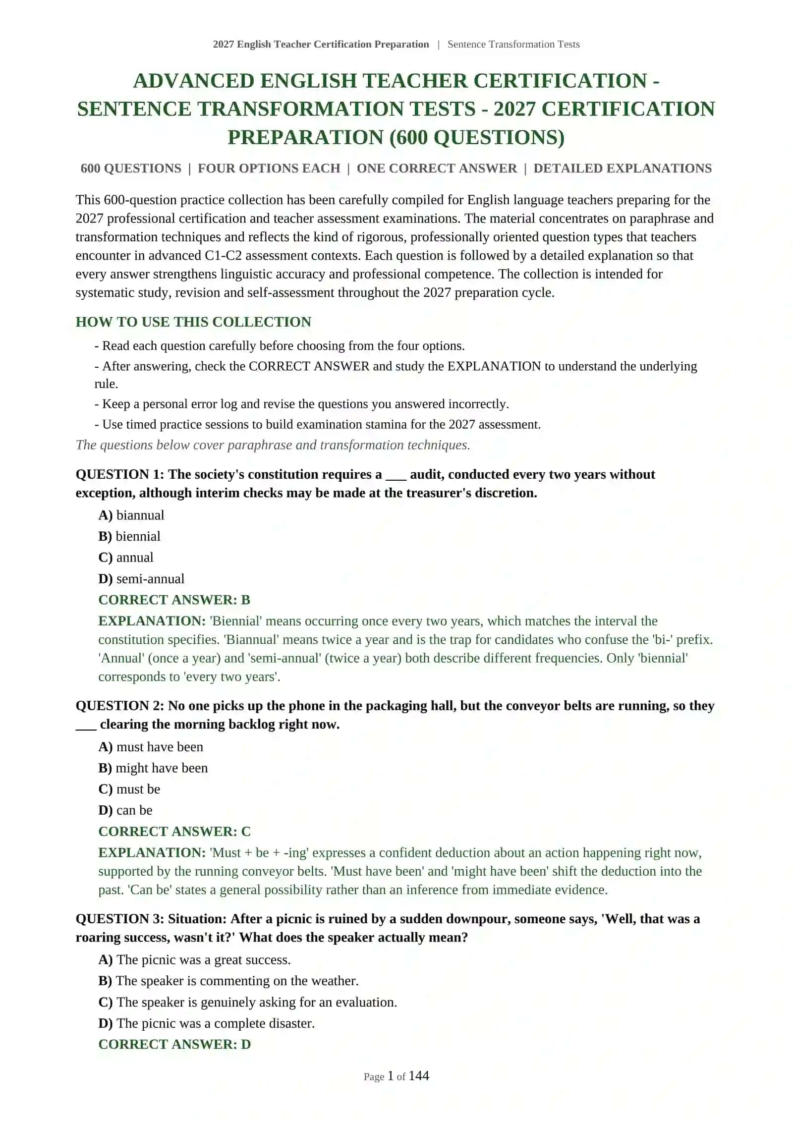 Mavzu - 2027 English Teacher Certification Preparation | Sentence Transformation Tests 2