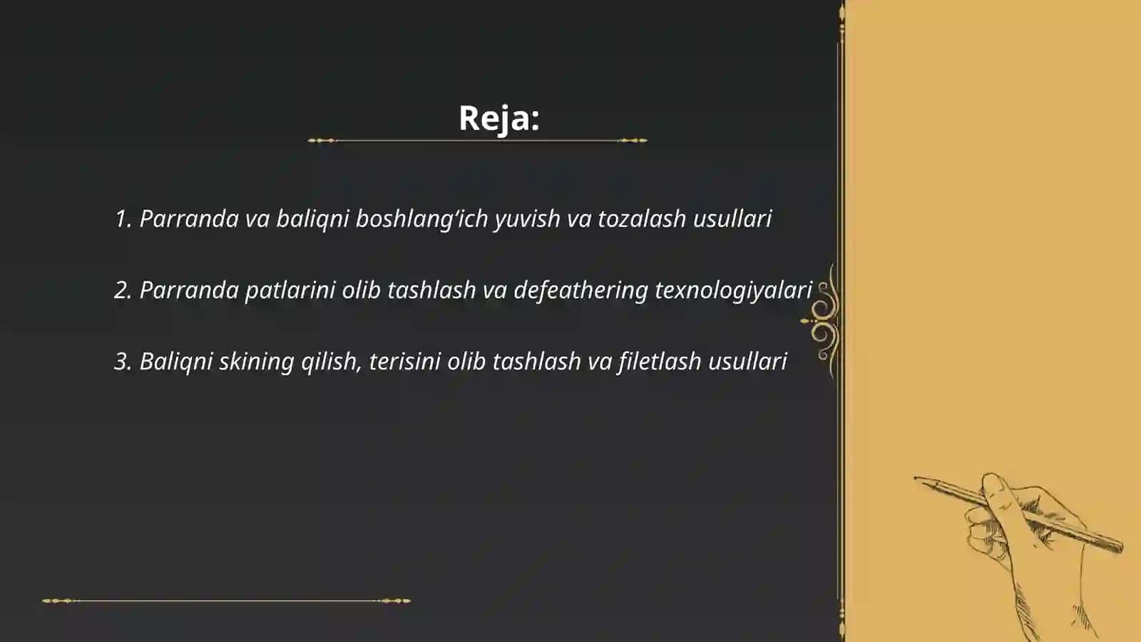 Parranda baliqni tozalash,birlamchi ishlov berish vayarim tayyor mahsulotlar tayyorlash 2